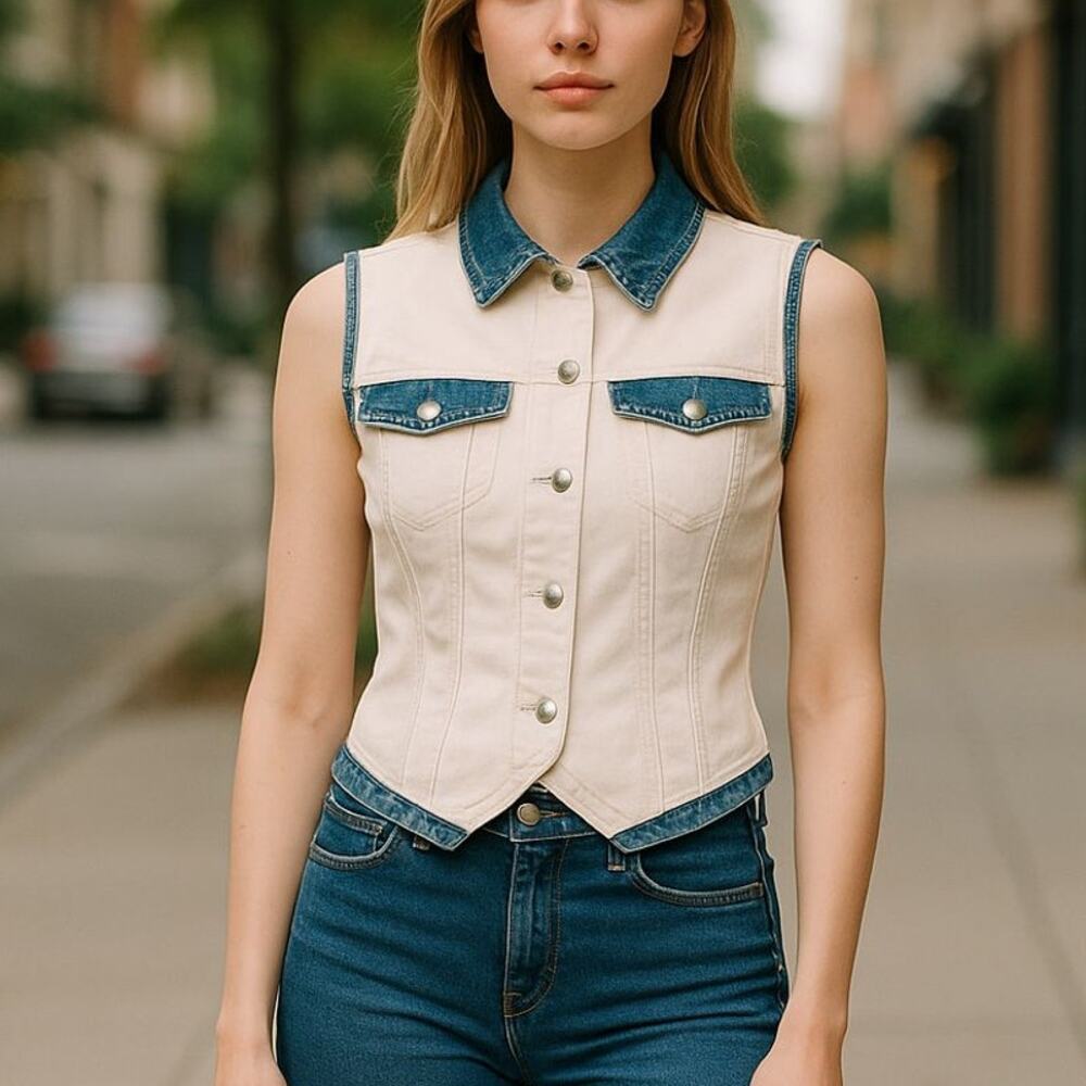 Vintage Point Blank White & Blue Denim Snap Front Cotton Vest Top USA Made MD